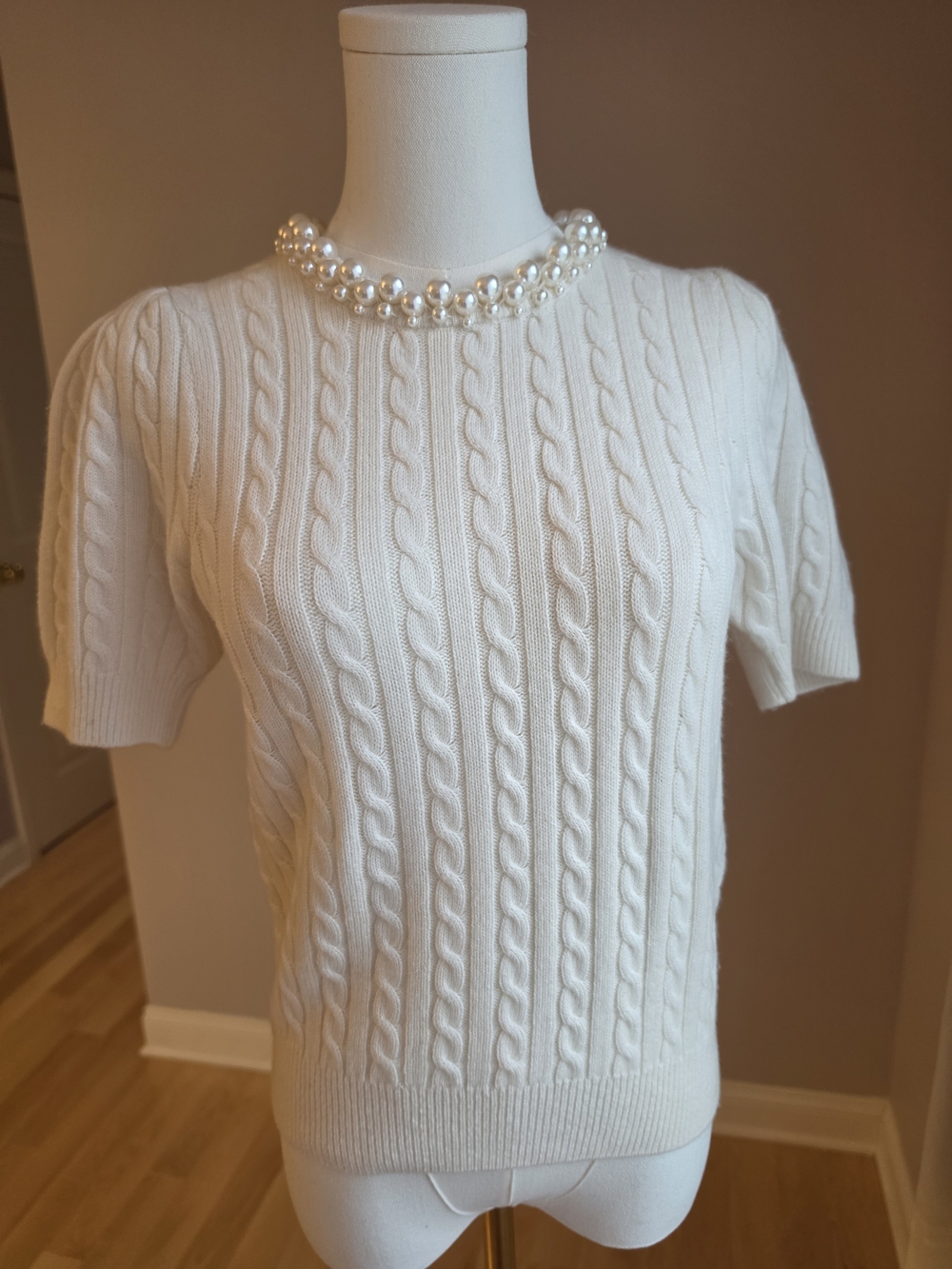 Sandro Cream Cable Knit Short Sleeve Sweater